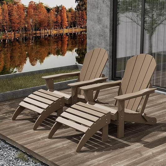 WestinTrends Malibu Outdoor Lounge Chair Set, 4-Pieces Adirondack Chair Set of 2 with Ottoman, All Weather Poly Lumber Patio Lawn Folding Chair for Outside Pool Beach, Weathered Wood