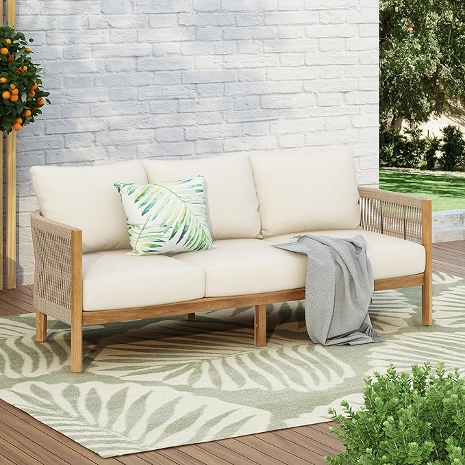 Christopher Knight Home Havets 77"W Outdoor 3 Seater Sofa, 6" Thick Cushion Couch, Acacia Wood Bench Sofa, Comfy Woven Rope Armchair, Spacious Seating Bench Couch for Backyard Garden Porch, Teak+Beige
