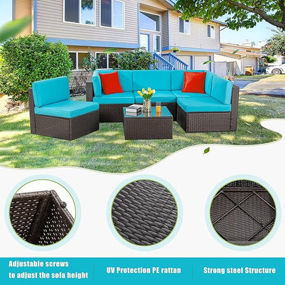Vongrasig 6 Piece Patio Furniture Set, Small Outdoor Sectional Sofa Couch, All Weather PE Wicker L-Shaped Corner Patio Sofa Garden Backyard Patio Conversation Set w/Glass Table, Blue