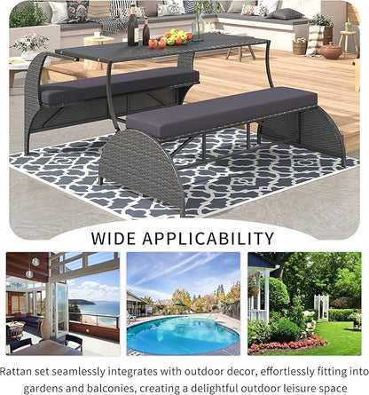 57.1" 2-in-1 Convertible Picnic Upholstered Bench Table, Outdoor Loveseat Picnic Table Couch, Foldable to 4 Seats & 1 Table, Multifunctional Patio Seating for Garden Lawn Backyard Porch（grey）