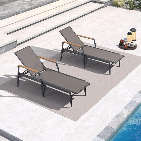 PURPLE LEAF Outdoor Chaise Lounge Chair Set of 2 Patio Pool Lounger Aluminum Chairs with Wooden Armrest Sunbathing Tanning Recliner for Outside Backyard Brown