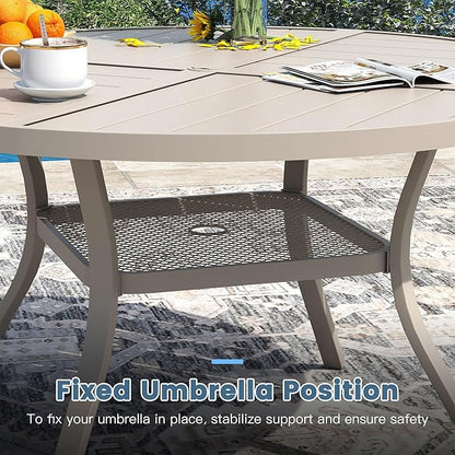 DIFY 40.6" Round Outdoor Patio Dining Table for 4, All-Weather Metal Steel Slatted Patio Table with 1.57" Adjustable Umbrella Hole, for Lawn Garden Porch Backyard, Sandshell