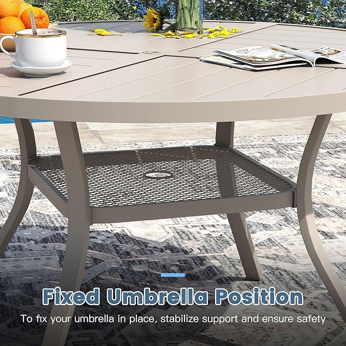 DIFY 47.2" Round Outdoor Patio Dining Table for 6, All-Weather Metal Steel Slatted Patio Table with 1.57" Adjustable Umbrella Hole, for Lawn Garden Porch Backyard, Sandshell