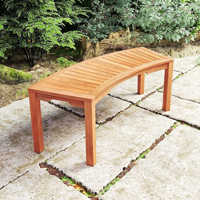 Moccha Outdoor Curved Bench, Acacia Wood Fire Pit Bench w/Slatted Seat, Loveseat, Outside Chair, Patio Backless 2-Person Seating for Balcony Yard Deck Porch 800 LBS Max Load (1, Natural)