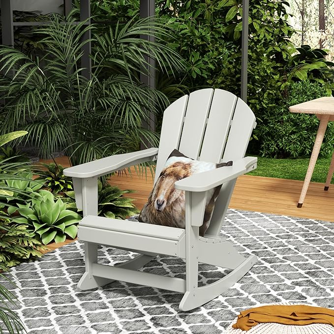Costaelm Outdoor Adirondack Chair, All Weather Resistant Classic Balcony Chair and Fire Pit Chairs, Adirondack Plastic Outdoor Porch Furniture Rocking Chair High Back HDPE Poly Lumber, Sand