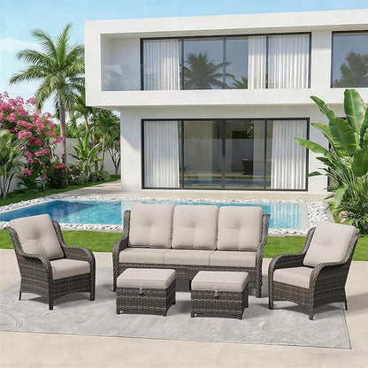5 Piece Outdoor Wicker Patio Furniture Set, Patio Chairs Set with Thickened Olefin Cushions, High Back and Deep Seating, Hand-Woven PE Rattan, Ottoman for Porch, Deck