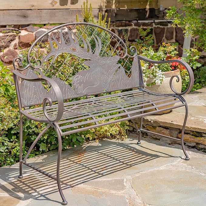 Classic Iron Garden Bench with Nature Scenery (Caribou Backrest in Bronze)
