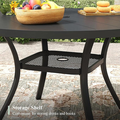 Outdoor Dining Table with Adjustable Umbrella Hole, 40.6" All-Weather Round Patio Dining Table for 4, Metal Patio Table with Storage Shelf for Garden Lawn Porch Deck Yard, Black