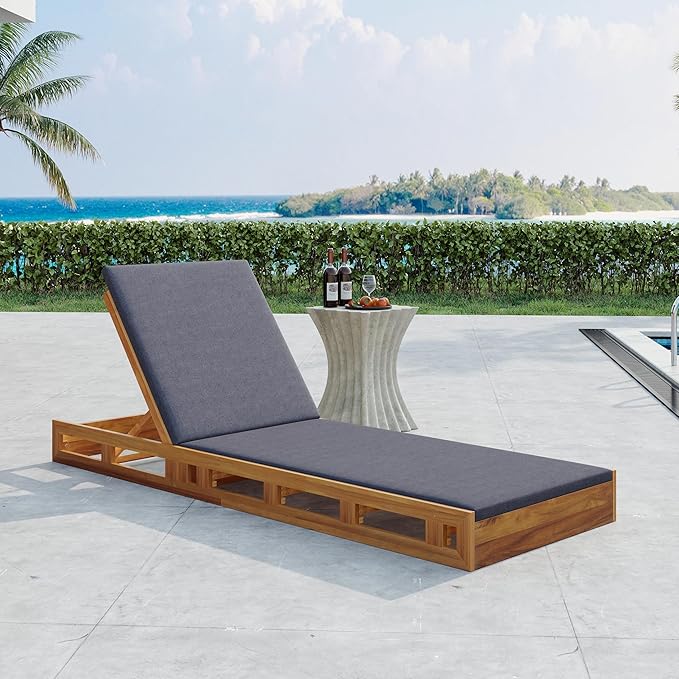 Outdoor Lounge Chaise Set with 2" Water-Resistant Cushion,4-Position Adjustable Backrest Recliner,Acacia Wood Foldable Lounger Chair for Patio,Garden,Poolside,Balcony,Deck,79" C Dark Gray,Teak