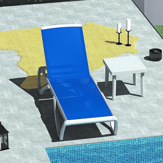 Domi Outdoor Lounge Chair, Aluminum Patio Chaise Lounge with 5 Position Adjustable Backrest and Wheels, All Weather Reclining Chair with Side Table for Patio, Yard,Balcony,Poolside (Blue)