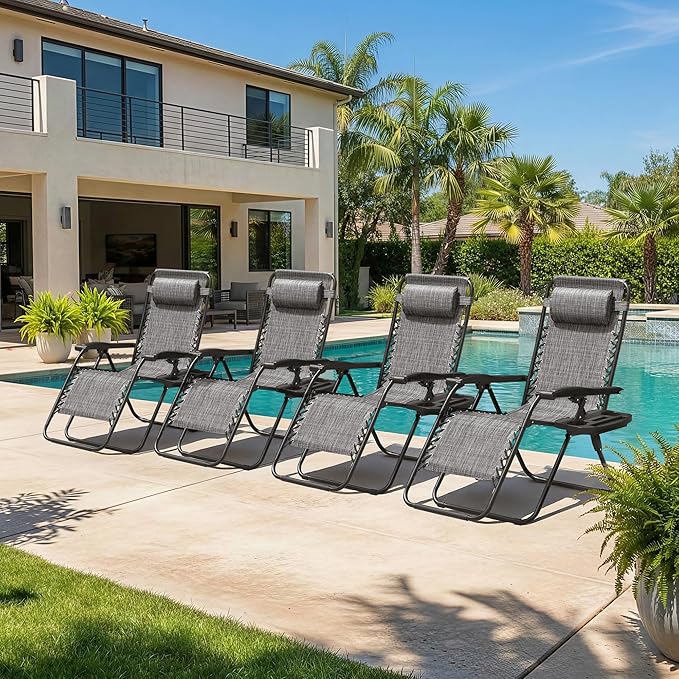 Homall Zero Gravity Chair Patio Folding Lawn Outdoor Lounge Reclining Chair with Cup Holder Pillows for Poolside - Photo 5