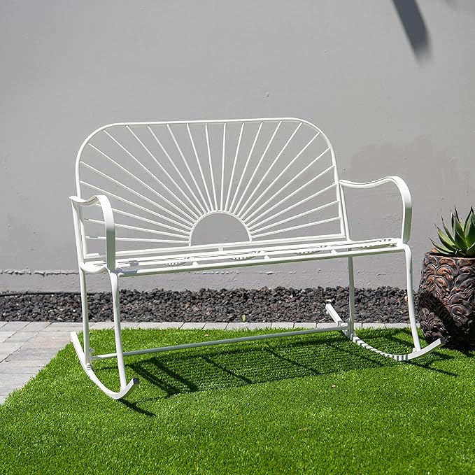 XBrand 44.5" L Iron Sun-Patterned Seat for Two Indoor/Outdoor Rocking Bench, Durable Patio Rocking Bench, White - Photo 2