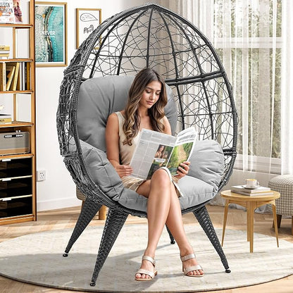 YITAHOME Egg Chair Wicker Outdoor Indoor Oversized Large Lounger with Stand Adjustable Leveling Feet Cushion Egg Basket Chair 350lbs Capacity for Patio, Garden Backyard Balcony, Beige