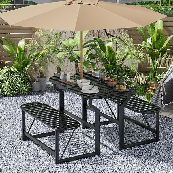 Convertible Bench, 2 in 1 Carbon Steel Picnic Table, Transforming Interchangeable Outdoor Table with Umbrella Hole - Photo 1