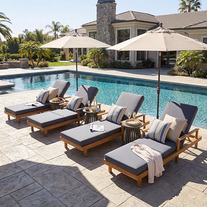Merax Acacia Wood Outdoor Chaise Lounge Chair with 3-Position Adjustable Backrest & 4" Thick 3-Fold Removable Cushion, 76.8" L Modern Patio Sun Lounger for Garden Pool Beach Yard, Dark-Grey+Teak
