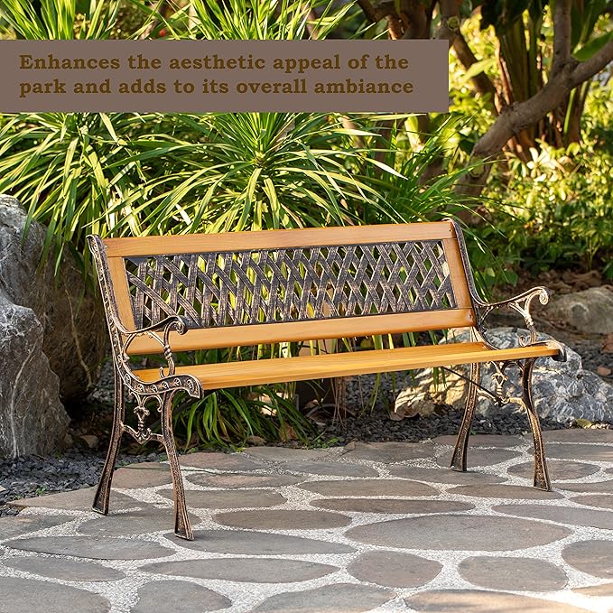 Gardenised QI003462L Outdoor Classical Wooden Slated Park Bench, Steel Frame Seating Bench for Yard, Patio, Garden, Balcony, and Deck