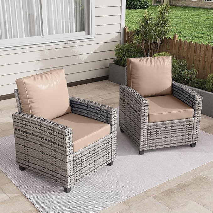 2 Pieces Patio Furniture Set, Outdoor Wicker Chairs Set of 2, All Weather High Back Rattan Chairs, Seating Club Chair Porch Chairs Set with Cushions for Balcony Porch Deck, Beige2