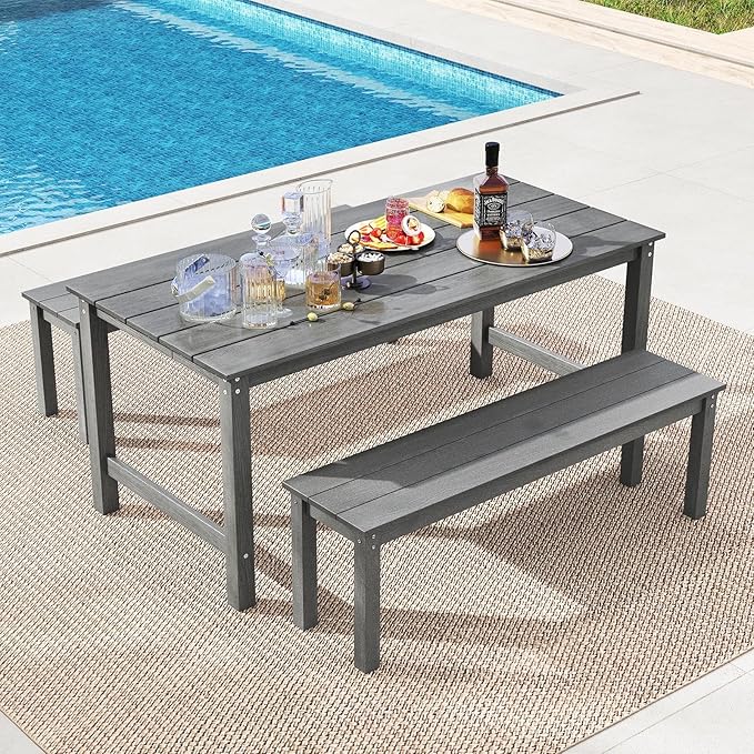 Tangkula HDPE Outdoor Dining Table for 6 Person, 67” Patio Table with Wood-Like Tabletop and Umbrella Hole, Weather-Resistant Rectangle Table for Garden, Backyard and Poolside (Gray, 1 Table)
