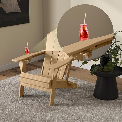 Foldable Adirondack Chair with Cup Holder-Heavy Duty Recycled HDPE Outdoor Patio Furniture, Weather Resistant Deck Lawn Fire Pit Chair (Brown, 1 Chair)