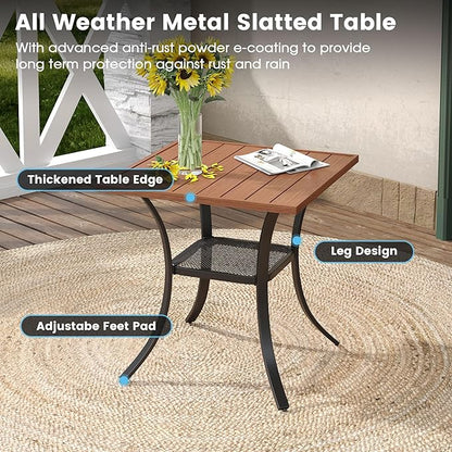 DIFY 27.6" Square Patio Dining Table, Walnut Small Outdoor Bistro Table with Rust Resistant Metal Frame, Ideal for Lawn, Backyard and Deck
