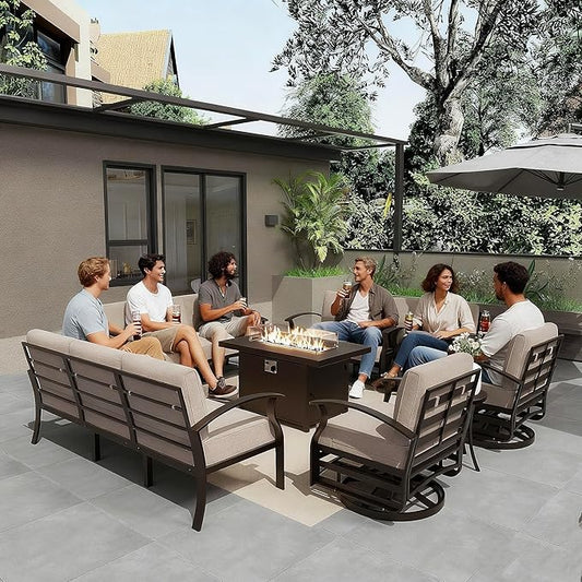 Gotland Outdoor Aluminum Patio Furniture Set with Fire Pit Table, 7 Pieces Metal Patio Furniture with 2 Swivel Rocking Chairs 11 Seats Waterproof 5.1'' Seat Cushions, for Garden Balcony Porch Khaki