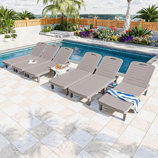 Outdoor Chaise Lounge Set of 6, 5-Position Adjustable Sun Lounge w/Pull-Out Tray, Waterproof PP Lounge Chairs for Outside, Lounge Chairs for Poolside, Patio, Beach, Yard in All Weather,Grey