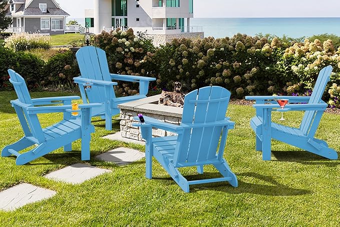 SERWALL Adirondack Chair with Cup Holders - Composite Adirondack Chairs Set of 8 HDPE Outdoor Chairs All Weather Use- Light Blue