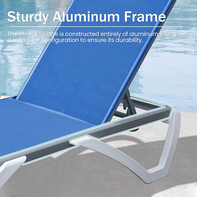 Domi Outdoor Chaise Lounge Chair, Aluminum Patio Lounge Chair with 5 Position Adjustable Backrest and Side Table, for Poolside, Beach, Yard(1 Blue Chair W/Table)