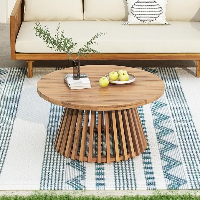 LUMISOL Patio Outdoor Acacia Wood Round Coffee Table, Circle Center Table for Backyard, Lawn, Balcony, Light Teak - Photo 5
