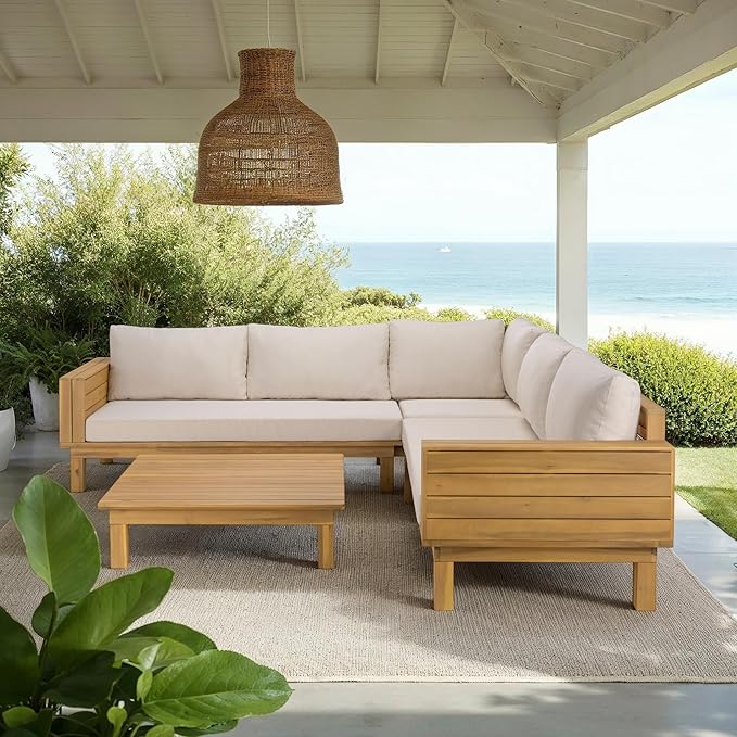 SAFAVIEH Outdoor Patio Furniture Collection - Napoli Oak Brown & Cream Solid Wood 4-Piece Sectional Sofa Set with - Photo 3