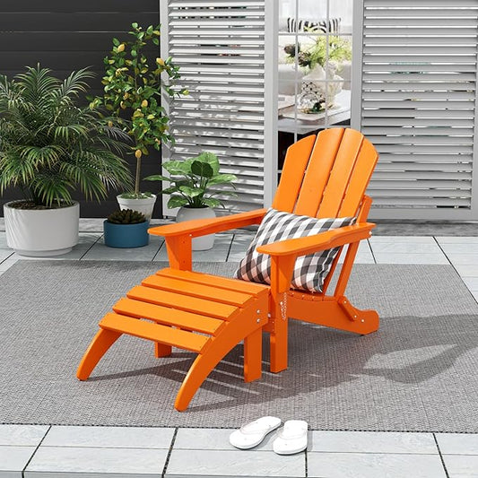 WO Home Furniture Adirondack Chair Outdoor Ottoman Set of 2 PCS Classic Patio Furniture (Orange)