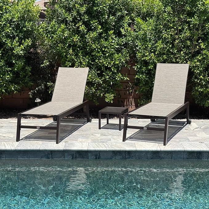 PURPLE LEAF Outdoor Chaise Lounge Chair Set of 2, Patio Pool Textilene Loungers with Adjustable Backrest and Wheels, Includes Side Table for Deck, Lawn, Garden, Beige