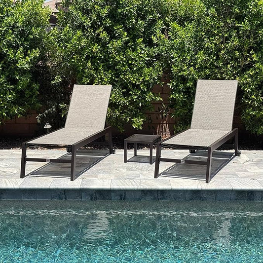 PURPLE LEAF Outdoor Chaise Lounge Chair Set of 2, Patio Pool Textilene Loungers with Adjustable Backrest and Wheels, Includes Side Table for Deck, Lawn, Garden, Beige