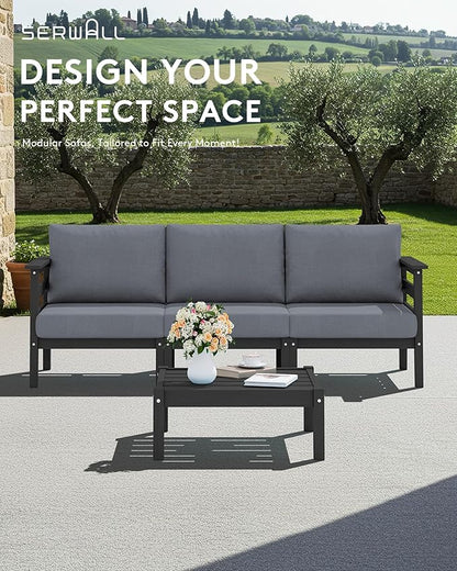 SERWALL HDPE Patio Furniture Set, 4 Pieces Outdoor Sectional Sofa Set, All-Weather Wood-Like Outdoor Sofa Couch with Coffee Table for Deck, Lawn, Black Frame with Grey Cushion