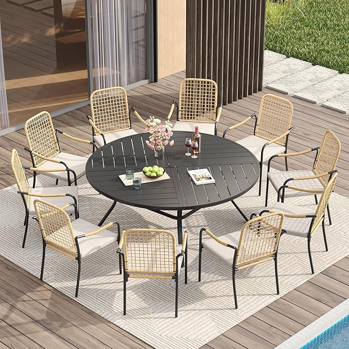 VICLLAX 60" Round Patio Table with Umbrella Hole, All Weather Metal Outdoor Dining Table for 8, Outside Table for Lawn Garden, Black