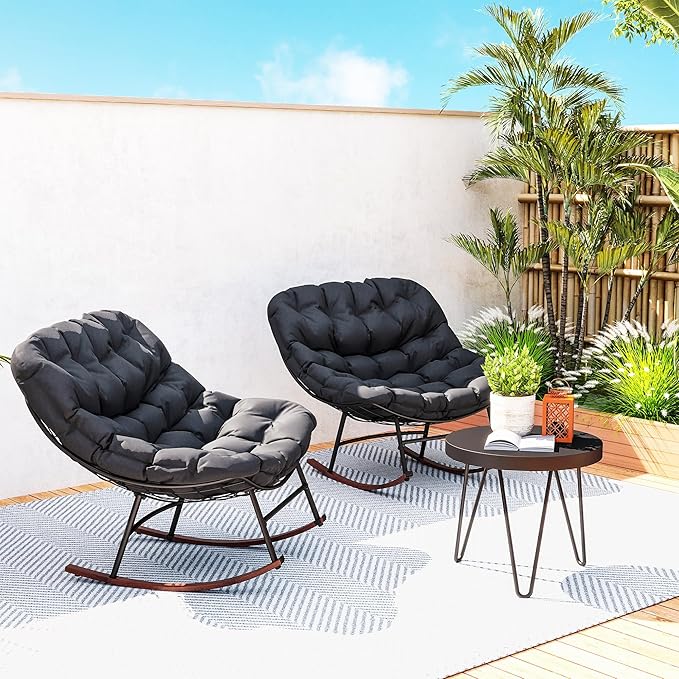 Outsunny Outdoor Rocking Chair Set of 2, Oversized Rocking Papasan Chairs with Cushions, Steel Frame, Comfy Outdoor Rockers for Patio Porch Lawn Garden, Black