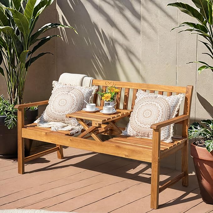 Greesum Outdoor Bench 2-Person Acacia Garden Chair Patio Porch Furniture with Foldable Small Table Plate for Deck, Yard, Balcony, Natural