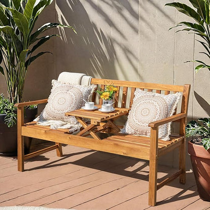 Greesum Outdoor Bench 2-Person Acacia Garden Chair Patio Porch Furniture with Foldable Small Table Plate for Deck, Yard, Balcony, Natural