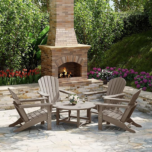 WestinTrends Dylan 5-Piece Outdoor Patio HDPE Adirondack Chair with Round Coffee Table Conversation Set, Weathered Wood