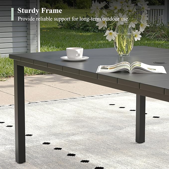 Outdoor Dining Table for 6, 63" Rectangle Outdoor Table with Adjustable Umbrella Hole, All-Weather Metal Patio Dining Table for Lawn Garden Backyard Deck, Black