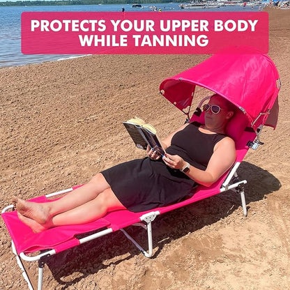 Oversized Extra Wide Tanning Chair with Sun Canopy Face Hole Padded Adjustable Washable, Heavy Duty Layout Folding Lounge Chair for Outside Beach Reading Sunbathing, UPF 50+, XL, Pink, 330 LBS