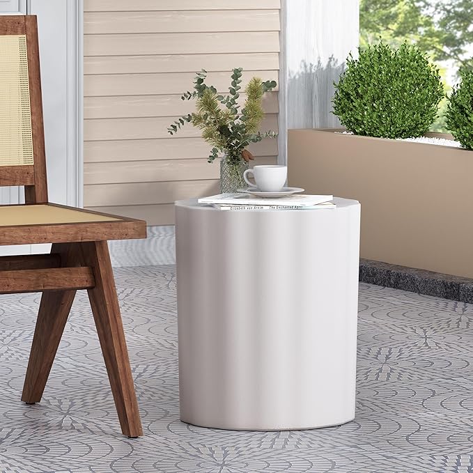 Merax Outdoor Lightweight Concrete Side Table Cylindrical 15" Dx18 H Weather Resistant Patio End Table Aesthetic Accent Table, No Assembly Required, Antique White