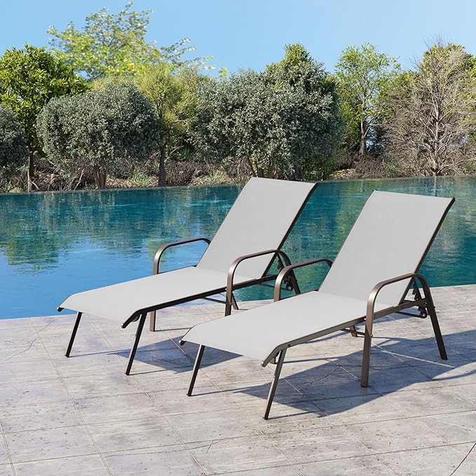 Crestlive Outdoor Chaise Lounge Chair,5-Position Pool Lounge Chairs with Armrests Sunbathing Recliner for Patio,Beach,Deck,Yard (2PC Gray)