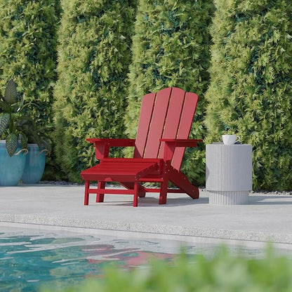 Flash Furniture Newport Poly Resin Adirondack Chair with Cup Holder and Pull Out Ottoman, All-Weather Poly Resin Indoor/Outdoor Lounge Chair, Red