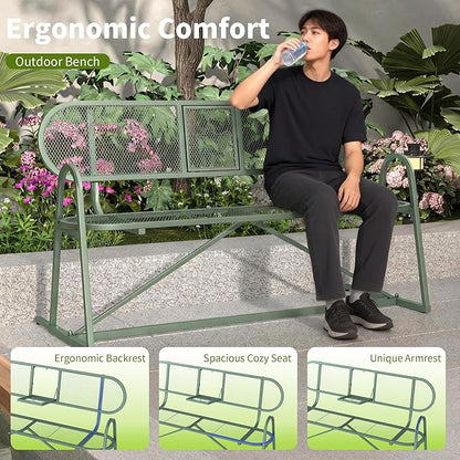 Outdoor Bench, Metal Mesh Garden Bench with Foldable Middle Table, 55" Weather Resistant Patio Park for 2-3 People, Decorative Porch Chair for Yard, Deck, and Lawn, Sage Green
