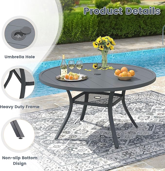 VICLLAX 40.6" Round Metal Outdoor Dining Table for 4, Patio Table with Umbrella Hole and Storage Shelf for Garden, Lawn, Deck, Dark Grey