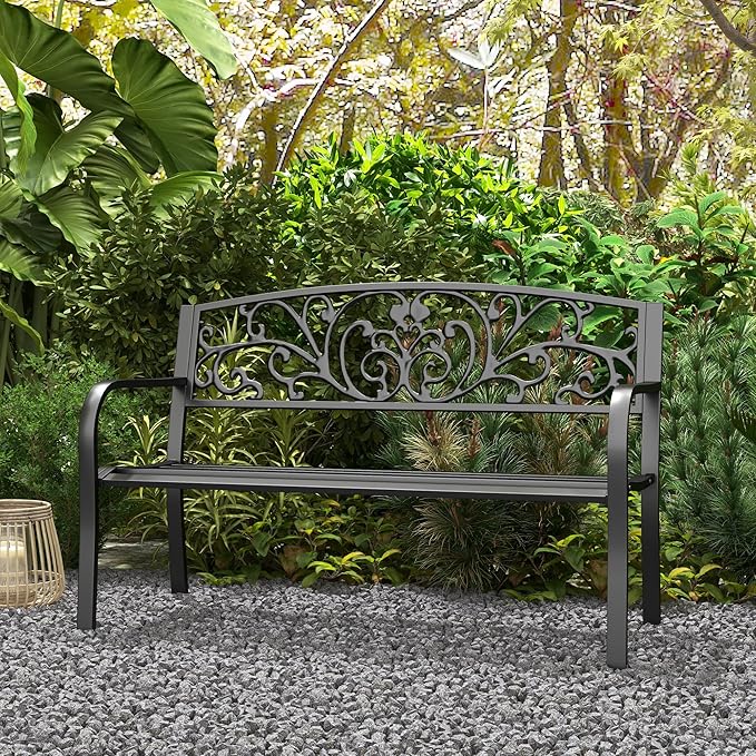 Outsunny 50" Outdoor Bench, Metal Garden Bench with Floral Pattern Backrest, Porch Bench with Slatted Seat for Park, Yard, Lawn, Black