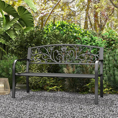 Outsunny 50" Outdoor Bench, Metal Garden Bench with Floral Pattern Backrest, Porch Bench with Slatted Seat for Park, Yard, Lawn, Black