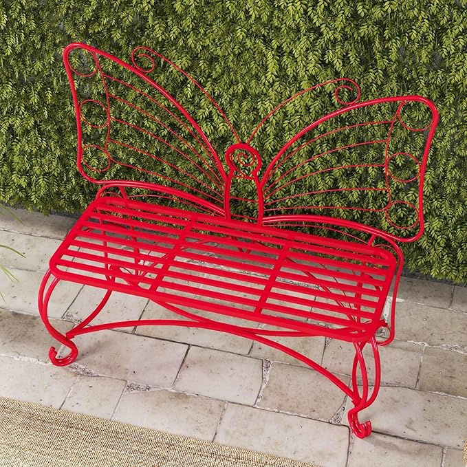 Butterfly Garden Bench, Double Seats Outdoor Bench, Black Patio Bench Thickened Metal Frame for Garden, Yard, Patio, Porch, Lawn, Park. (Red/Big)