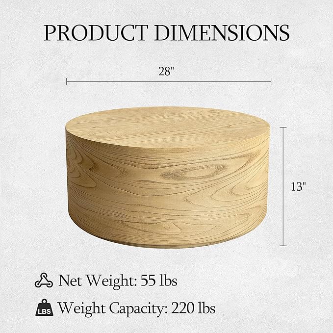 UPHA 28" Round Outdoor Coffee Table, Modern Hollow Concrete Patio Table, Small Minimalist Low Accent Table for Living Room, Balcony, Deck, Backyard, Natural Wood Finish